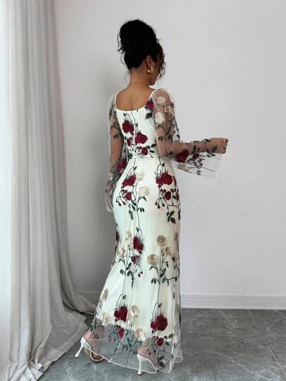Elenzga 女士方领透明花卉刺绣优雅连衣裙，适合聚会和正式场合，春夏度假装（随机刺绣）