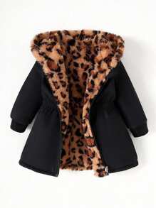 SHEIN Playful Pals 女婴幼儿新生儿 0-3 岁保暖双面连帽仿皮草法兰绒豹纹和纯黑色中长款夹克，秋冬