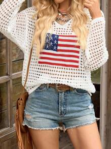 LanaWest Women 4th Of July Casual Flag Cutout Hooded Sweater Knit Pullover Fall Winter