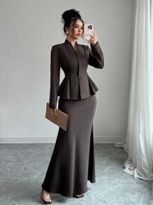 Islaluna Franclia Elegant V-Neck Button-Down Long-Sleeved Suit Perfect For Autumn Maillard Style Fall Cloth For Women - Brown - View 5
