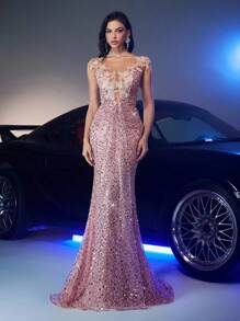 Glamrae 优雅奢华 3D 刺绣蕾丝贴花、珍珠和亮片网眼褶皱露背美人鱼连衣裙，适合婚礼、派对、舞会、宴会（重型） - 藕粉色 - 查看 6