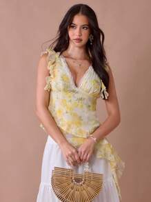 Enchnt Summer/Fall Romantic Women's Butter Yellow Lace Floral Print Asymmetric V-Neck Sleeveless Ruffle Hem Blouse - Yellow - View 5