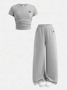 SHEIN Tween Girls Bow Print T-Shirt & Long Pants 2 Pieces Set, Casual Daily Fashion Matching Outfit Teen 2 Piece Pants Set Girls Ribbed Set Girls Pants And Top Flare Pants Set Kids Girls Wide Leg Pants Set