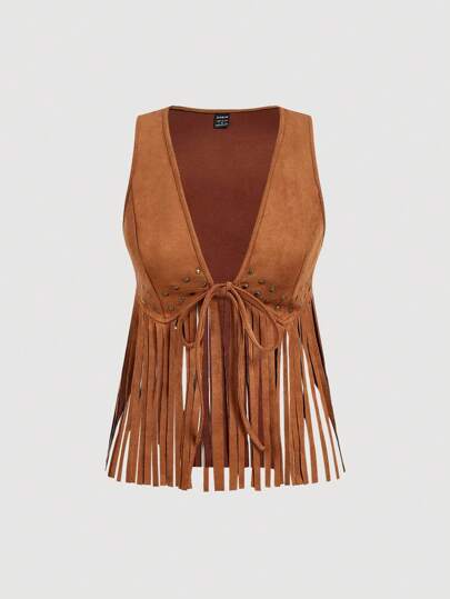 SHEIN MOD Vintage 70s Brown Suede Fringe Top With Metal Accents, Perfect For Women's Vacation, Country Style, Beach Getaways, Dates, Holidays, Western Wear, And Bohemian Looks
