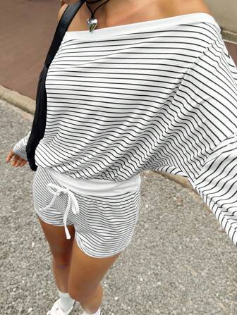 Jouncy 2pcs Set Women Black & White Stripe Elastic Knit Off Shoulder Long Sleeve T-Shirt And Shorts Fall Cloth For Women