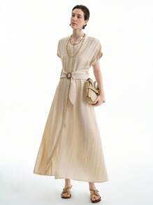 Aalyst 女士亚麻杏仁色金属扣腰短袖衬衫裙，简约长裙 - 杏色 - 查看 5