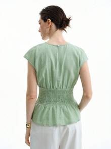 Aalyst Women's Casual Round Neck Waisted Solid Color Versatile Bat-Wing Short Sleeve Blouse, Spring/Summer