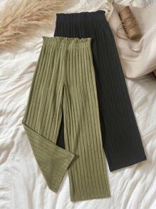 SHEIN Vintaside Kids Chica preadolescente 2 piezas Pantalones de pierna ancha de cintura con volante tejido de canalé - Multicolor - Ver 1