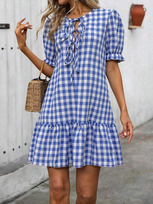EMERY ROSE Women's Casual Plaid Front Tie Ruffle Hem Mini Dress, Summer For New Year Clothes