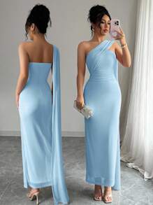 Elenzga 女士优雅露肩露背连衣裙，派对装，修身腰部，春夏季 - 藍色 - 查看 1