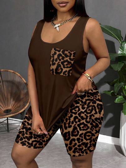 Slaydiva Conjunto informal de 2 piezas de top sin mangas de cuello redondo con bolsillo y estampado de leopardo + leggings ajustados, adecuado para el verano. Conjunto informal de 2 piezas de talla grande con estampado de leopardo marrón, adecuado para salir, ropa de otoño