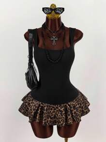 Amplova Women Vintage Wild Basic Square Neck Tight A-Line Pleated Mini Dress, Summer Leopard Print - Multicolor - View 2