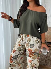 SHEIN PETITE CURVE Plus Size Asymmetrical Collar Solid Shirt And Floral Print Pants 2 Pieces Set