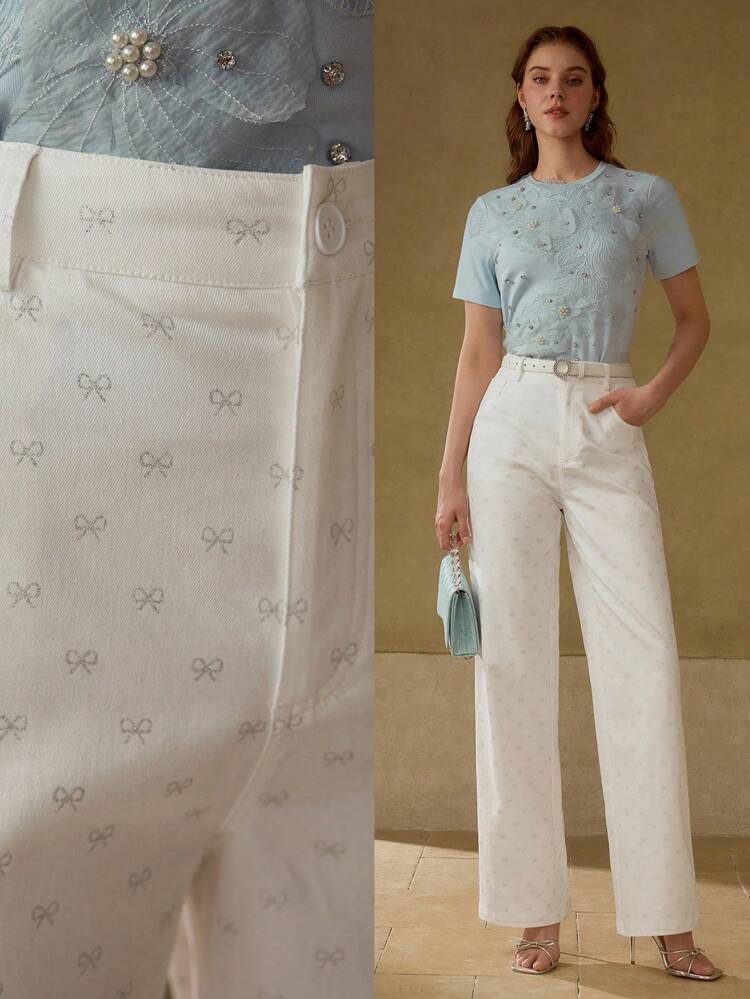ALLOVER BOW PRINT STRAIGHT LEG PANTS