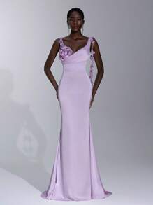 Elitara Vestido de Gala Formal Elegante com Lavanda Brilhante em Cetim Acetinado, Decote em V, Costura Manual com Flores 3D no Ombro, Franjas e Cauda de Sereia, Adequado para Encontros, Férias, Casamentos, Formaturas, Eventos Formais e Gala