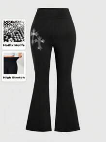 Sweetra Plus Size Women Solid Color Flared Pants With Sequin & Rhinestone Decor Fall Cloth For Women