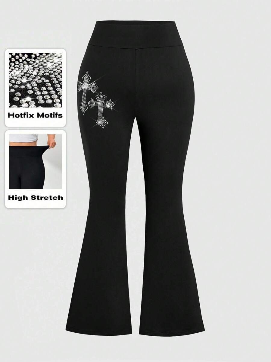 Sweetra Plus Size Women Solid Color Flared Pants With Sequin & Rhinestone Decor Fall Cloth For Women
