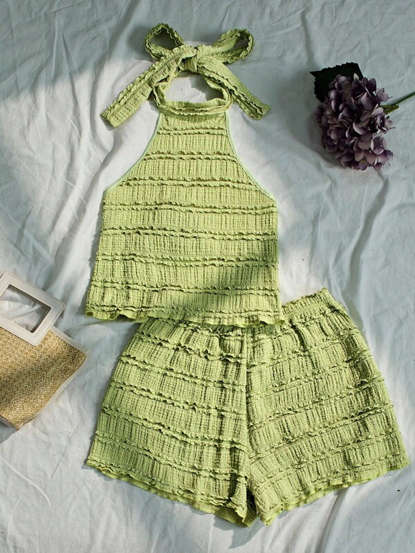 Elamini Dames Groene Casual Ronde Hals Halter Tank Top En Losse Shorts Tweedelige Set, Lente/Zomer