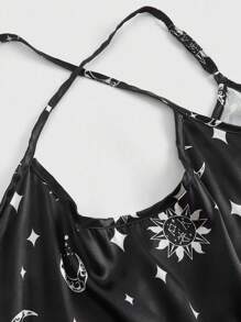 ROMWE Plus Size Women Gothic Dark Moon & Star Jacquard Satin Sheer Back-Cross Camisole Sleepwear, Summer - Black - View 3