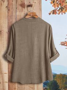 Rusticease 大码女式纯色V领卷袖衬衫，女式西装 - 駝色 - 查看 2