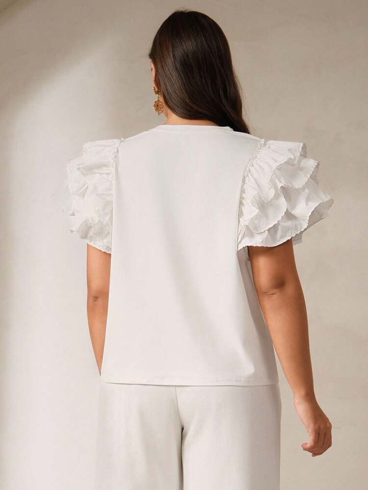 T-shirt casual femme grande taille col rond, manches bouffantes, volants et épissures, manches courtes