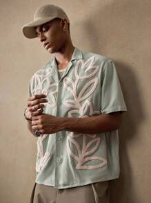 AKNOTIC Business Casual 男士浅绿色牛油果绿刺绣花卉图案梭织休闲短袖宽松衬衫，适合年轻人、男朋友、老师、户外旅行和礼物 - 灰綠 - 查看 6