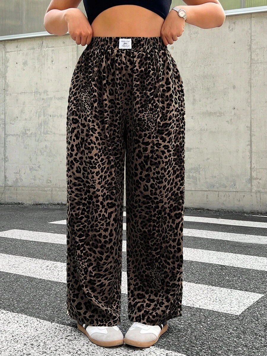 SHEIN EZwear Plus Size Women Leopard Print Woven Fabric Casual Everyday Commuting Versatile Fashion High Waisted Wide Leg Pants With Pockets, Loose Fit Leopard Print Pants Leopard Pants Animal Print Pants Pattern Pants Cheetah Pants,Fall Clothes For Women - Brown - View 1