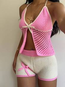 Aloruh 2pcs/Set Women's Vacation Casual Backless Halter Knit Top And Shorts - Pink - View 5