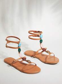 SHUZIA 时尚棕褐色系带凉鞋，女式彩色宝石装饰圆形露趾，可调节扣夏季春季考究平底凉鞋舒适海滩度假 - 棕色 - 查看 5