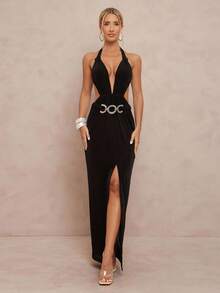 Lumalex Robe fendue à dos ouvert avec accent de chaîne métallique sexy, sans manches