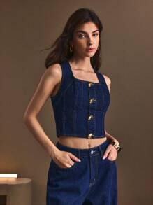 SHEIN Frenchy 休闲方领无袖牛仔短款上衣 - 深色水洗藍 - 查看 4