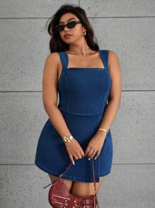 SHEIN ICON Plus Size Solid Square Neck Sleeveless Elasticized Waist Denim Cami Dress, Fashionable For Summer - Blue - View 5