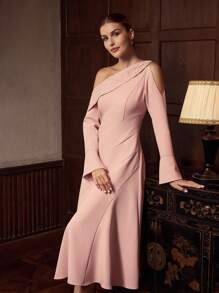 ZEYLAH Vestido de manga larga con cuello asimétrico elegante, para otoño/invierno