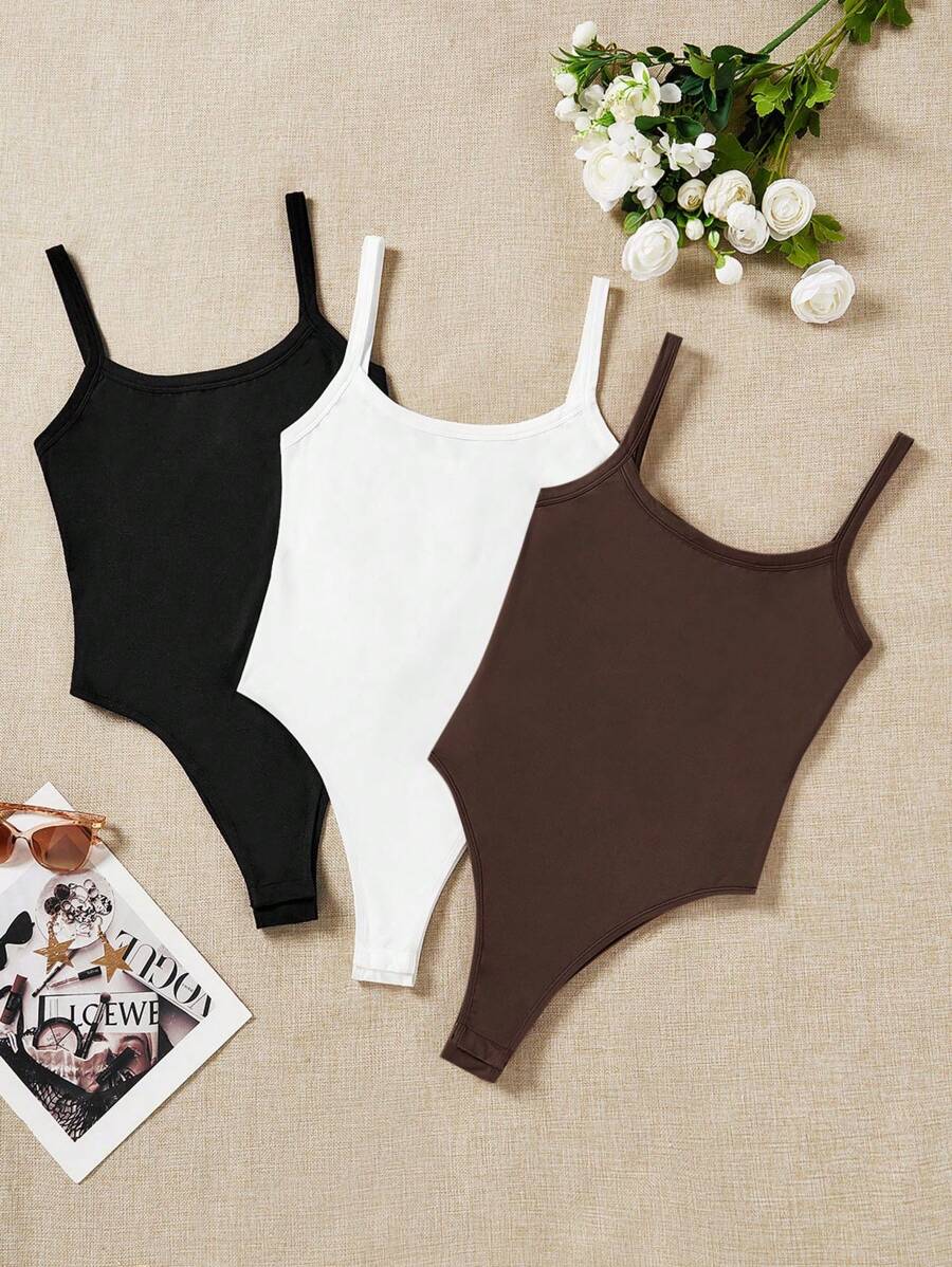 SHEIN EZwear 3 件装女式紧身衣(黑色、白色和棕色)无袖紧身衣,休闲装,夏季 - 彩色 - 查看 1