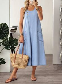 EMERY ROSE Vestido de mezclilla casual sin mangas con cuello redondo, diseño de botones y bolsillos para mujer