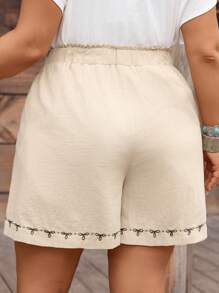EMERY ROSE Plus Size Women's Beige Boho Bow Decor Waist Tie Pockets Casual Linen Shorts,Summer Vacation Holiday Summer Fall Country Concert Rave Festival - Apricot - View 2