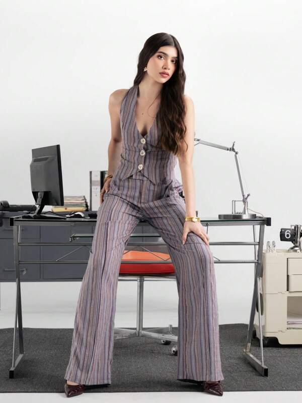 COSMINA Gestreepte retro zakelijke casual broek voor dames, kantooroutfits in Old Money-stijl, vergelijkbaar met influencerlooks, zomerkleding