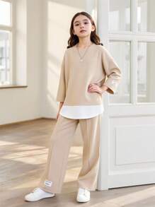 SHEIN 中學生女孩休閒街頭風格拼接針織圓領上衣和長褲套裝 - 卡其色 - 查看 2