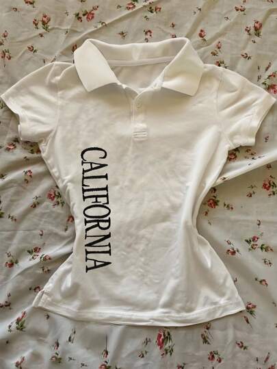 Noixe Camiseta slim de mujer con cuello tipo polo, bordado de letras, de estilo estadounidense y versátil