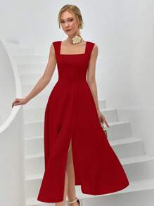 CLARA VERO 女士纯色梭织春夏季度假装长款衬衫裙系带低 V 腰侧开衩蓬蓬裙 - 紅色 - 查看 6