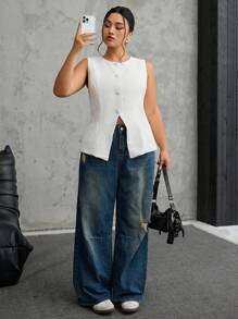 SHEIN EZwear Chaleco informal de resort de cintura ceñida sin mangas de talla grande de lino