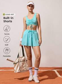CourtClass Women's Simple Solid Color V-Neck Drawstring Ruched Camisole And Drawstring Waist Mini Skirt Sports Set Workout Women Sets - Mint Green - View 3