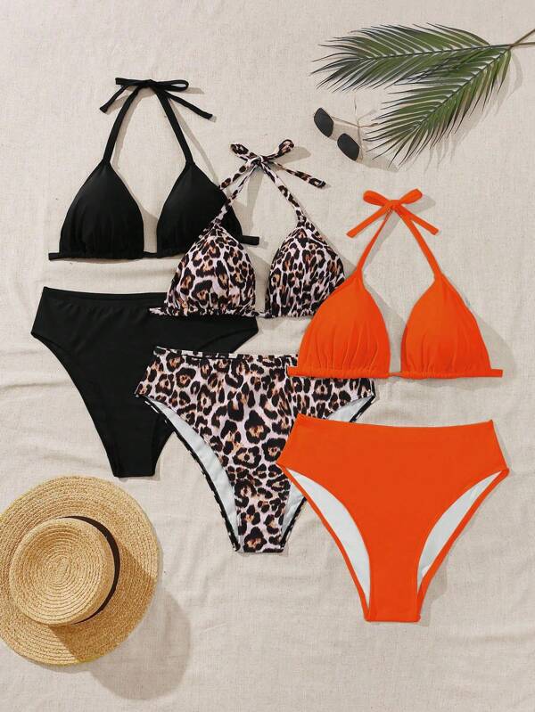 Swim Vcay Plus Size Women 3pcs/Set Leopard Print Camisole, High Waist Brief & Minimal Design Swimwear Set