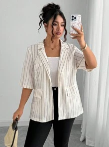Elenzga Plus Size Women Elegant Striped Lapel Short Sleeve Open Front Fake Pocket Loose Blazer Jacket