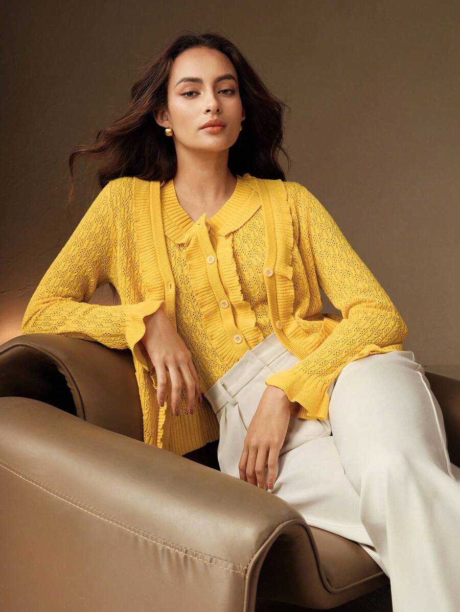 Anewsta 2件套女士套装 - 纯色喇叭袖纽扣开衫和无袖针织上衣 - 黃色 - 查看 1