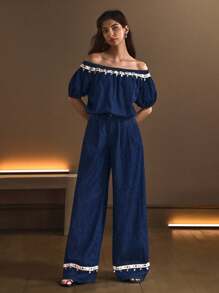 SHEIN Essnce Casual Relaxed Dark-Wash Denim Set, Versatile Resort-Style For Women, Spring/Summer - Blue - View 2