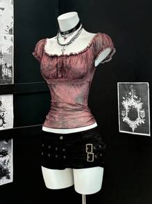 EgrlEra Vintage Puff Sleeve Crew Neck Ribbon & Mesh Patchwork Bodycon Women T-Shirt - Rust Brown - View 1