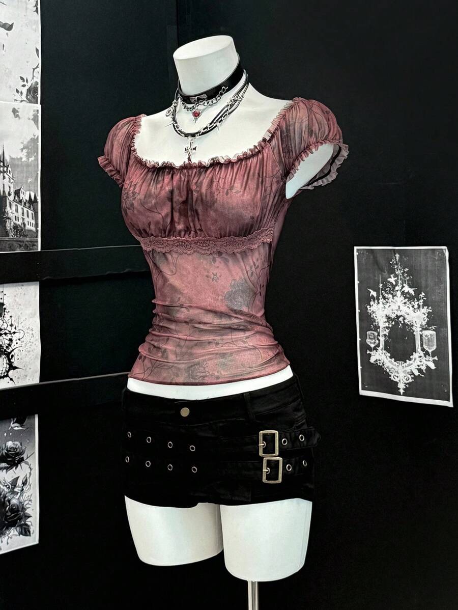 EgrlEra Vintage Puff Sleeve Crew Neck Ribbon & Mesh Patchwork Bodycon Women T-Shirt - Rust Brown - View 1