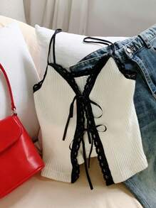 Comfortcana 女式撞色蕾丝边系带针织背心 - 黑與白 - 查看 5