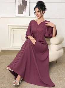 Al Najma Women's Elegant Solid Color Lace Patchwork Arabic Style Dress - Purple - View 6